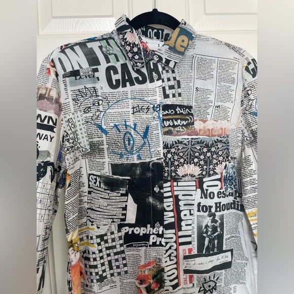 Desigual Newspaper Print Button Up Blouse – Long Sleeve Graphic Statement Top - Picture 5 of 14